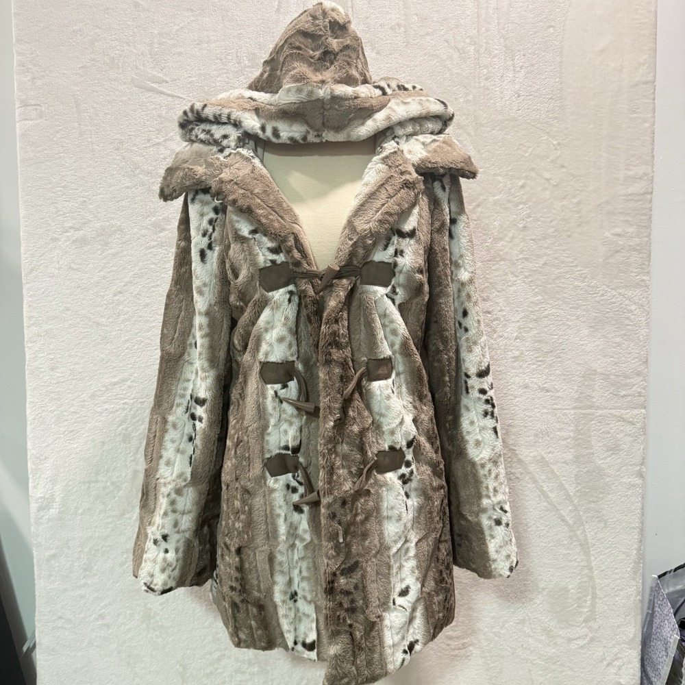Dennis By Dennis Basso Reversible Faux Fur Coat Gray Black Animal Print XS